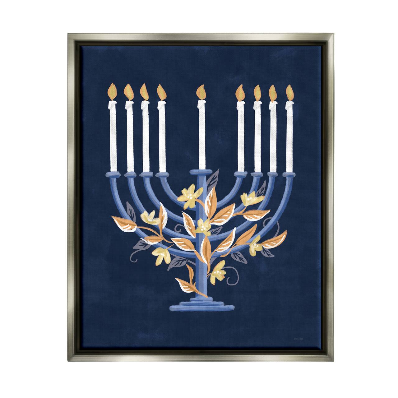Stupell Industries Traditional Floral Hanukkah Menorah Framed Floater Canvas Wall Art